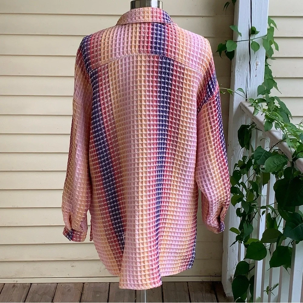 Urban Outfitters BDG S Rainbow Waffle Texture Button Up Shirt Jacket Oversized - Picture 4 of 10